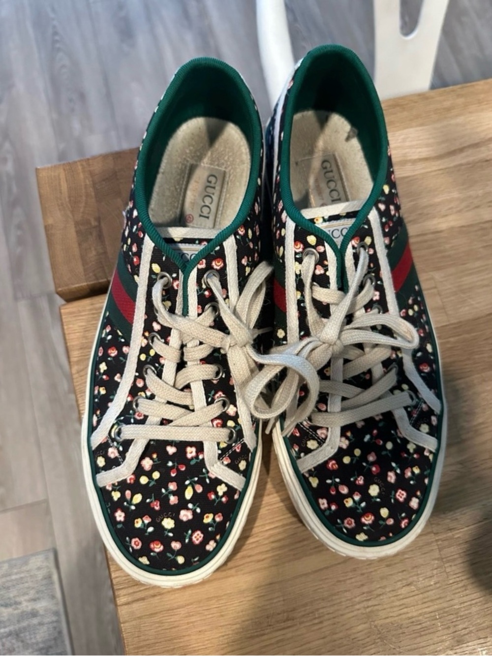 Gucci Black Floral Canvas Sneakers with Green & Red Web